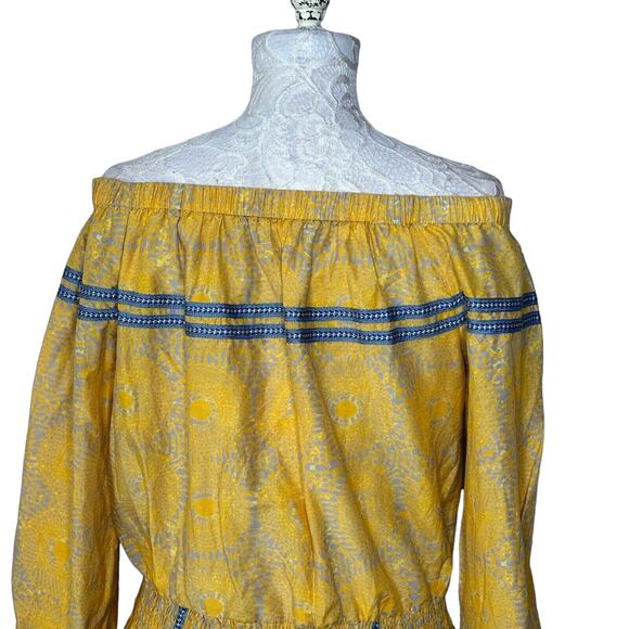 LemLem Makena Off Shoulder Long Sleeve Blouse Yellow Blue Trim Women Small NWOT - Picture 6 of 9